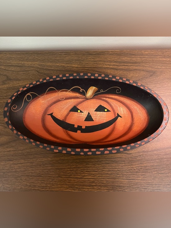 Other - Halloween Pumpkin Wooden Oval Oblong Bowl Hand Painted Designs By Kathy